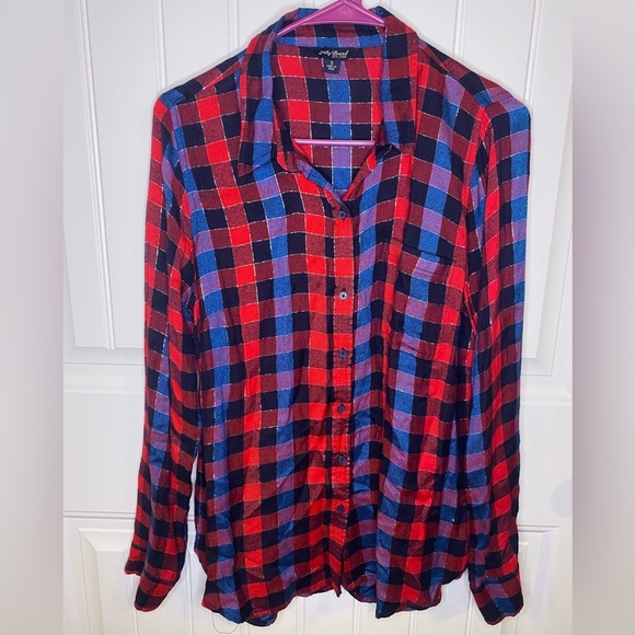 Lucky Brand Plaid Blue and Red sparkle button up with open layered back - Picture 2 of 8